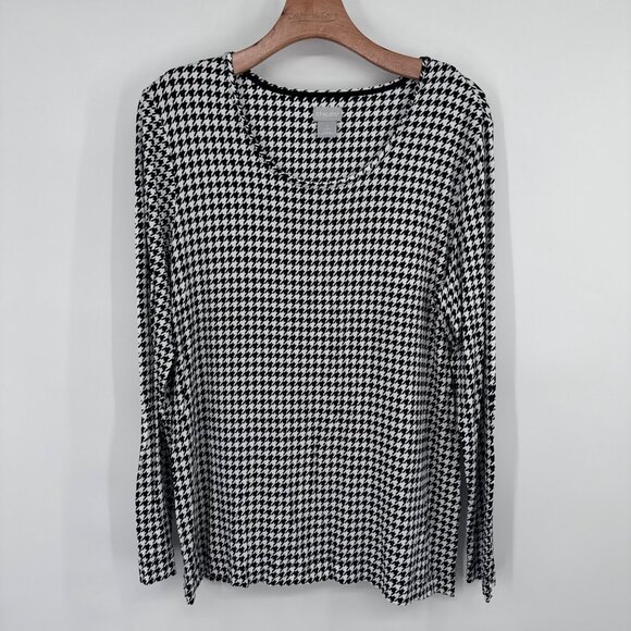 Chicos 2 Womens Houndstooth Long Sleeve Top layering tee size large black knit - Picture 4 of 14